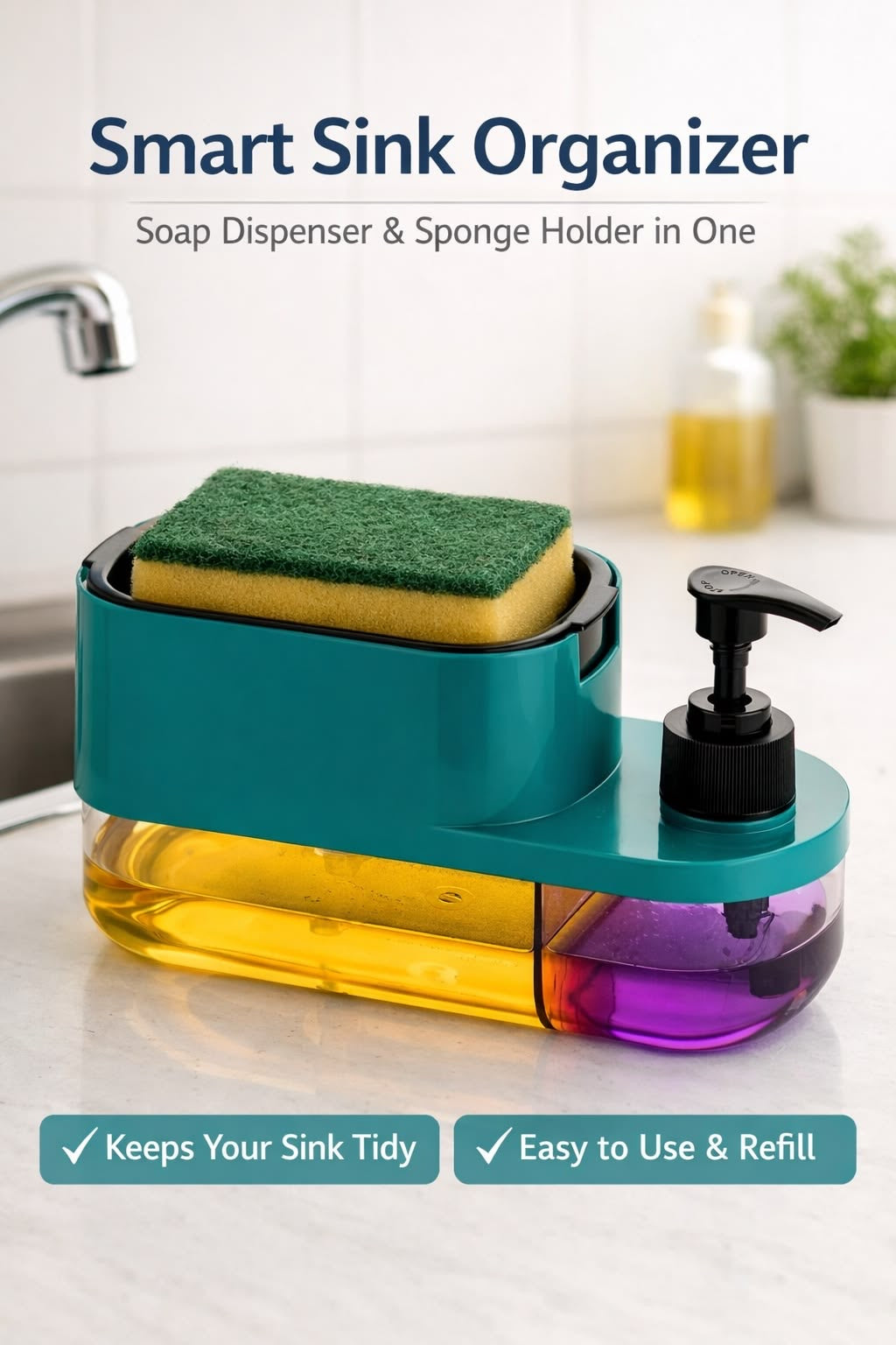 3-in-1 Smart Soap Dispenser with Sponge Holder