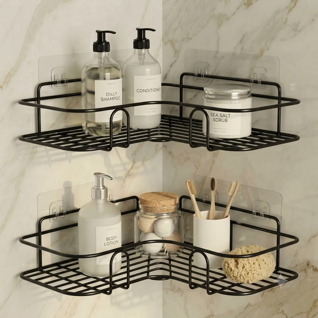 Metal Bathroom & Kitchen Corner Shelf Rack – Set of 2 | No Drilling Required