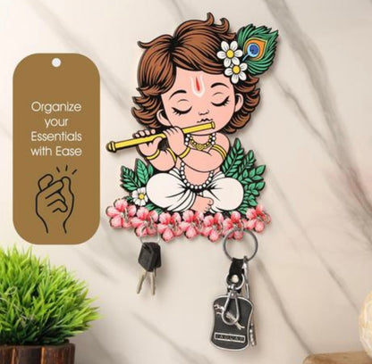 Premium Krishna Radha Wooden Key Holder – Set of 2 | 14 Hooks