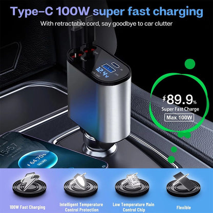 4-in-1 Retractable Car Charger — 120W Fast Charging