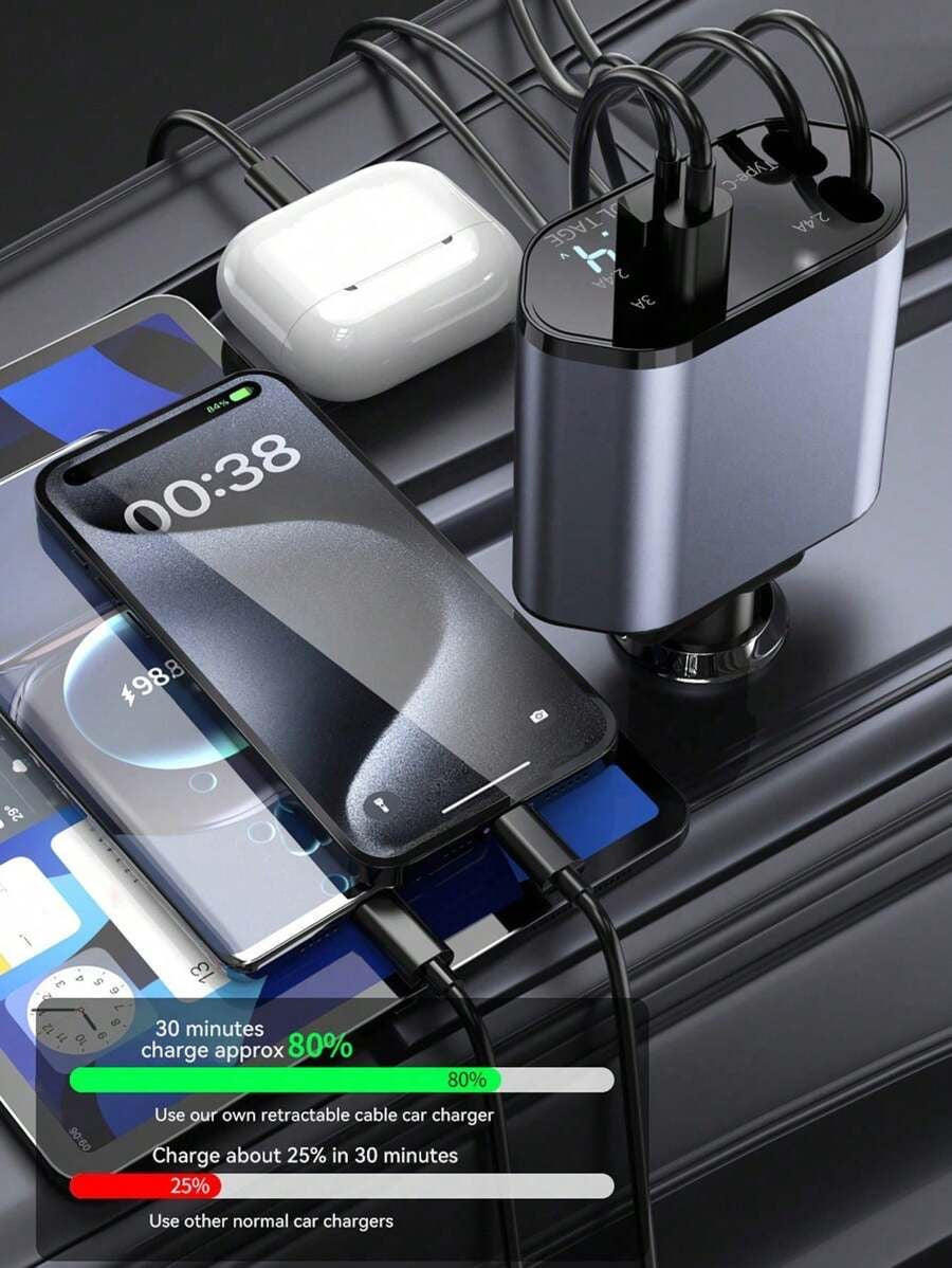 4-in-1 Retractable Car Charger — 120W Fast Charging