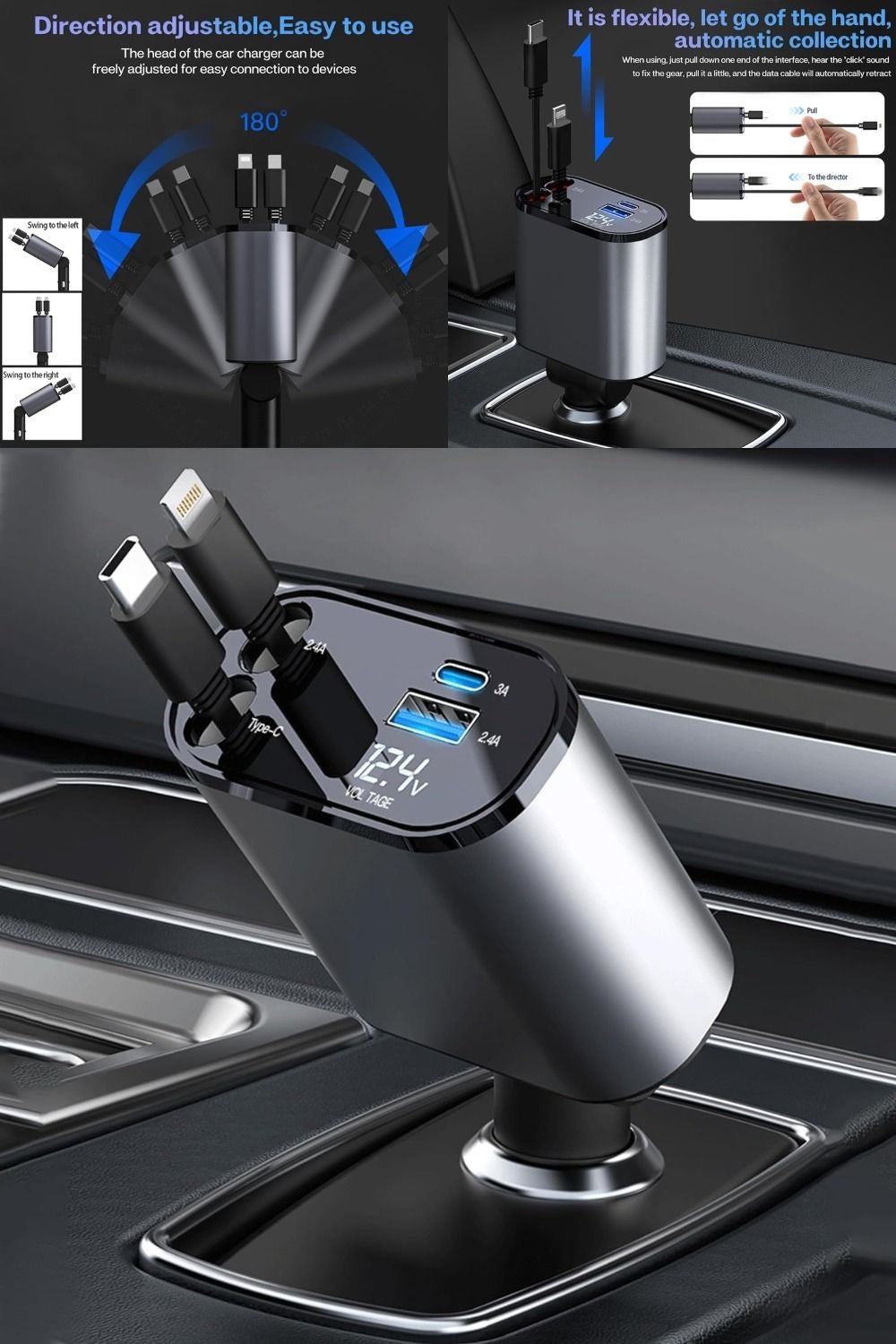 4-in-1 Retractable Car Charger — 120W Fast Charging