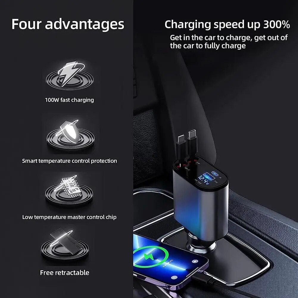 4-in-1 Retractable Car Charger — 120W Fast Charging