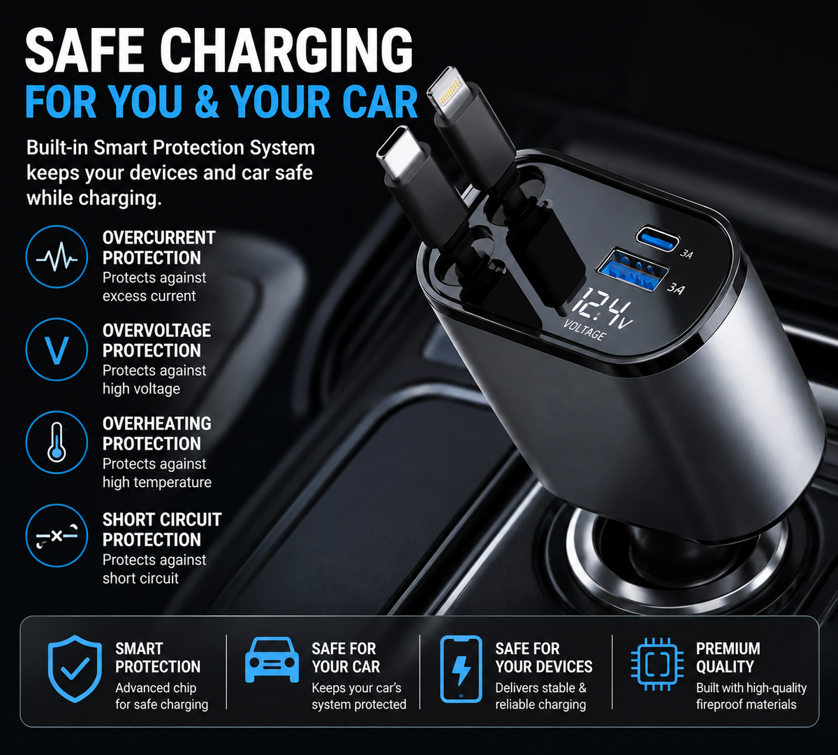 4-in-1 Retractable Car Charger — 120W Fast Charging