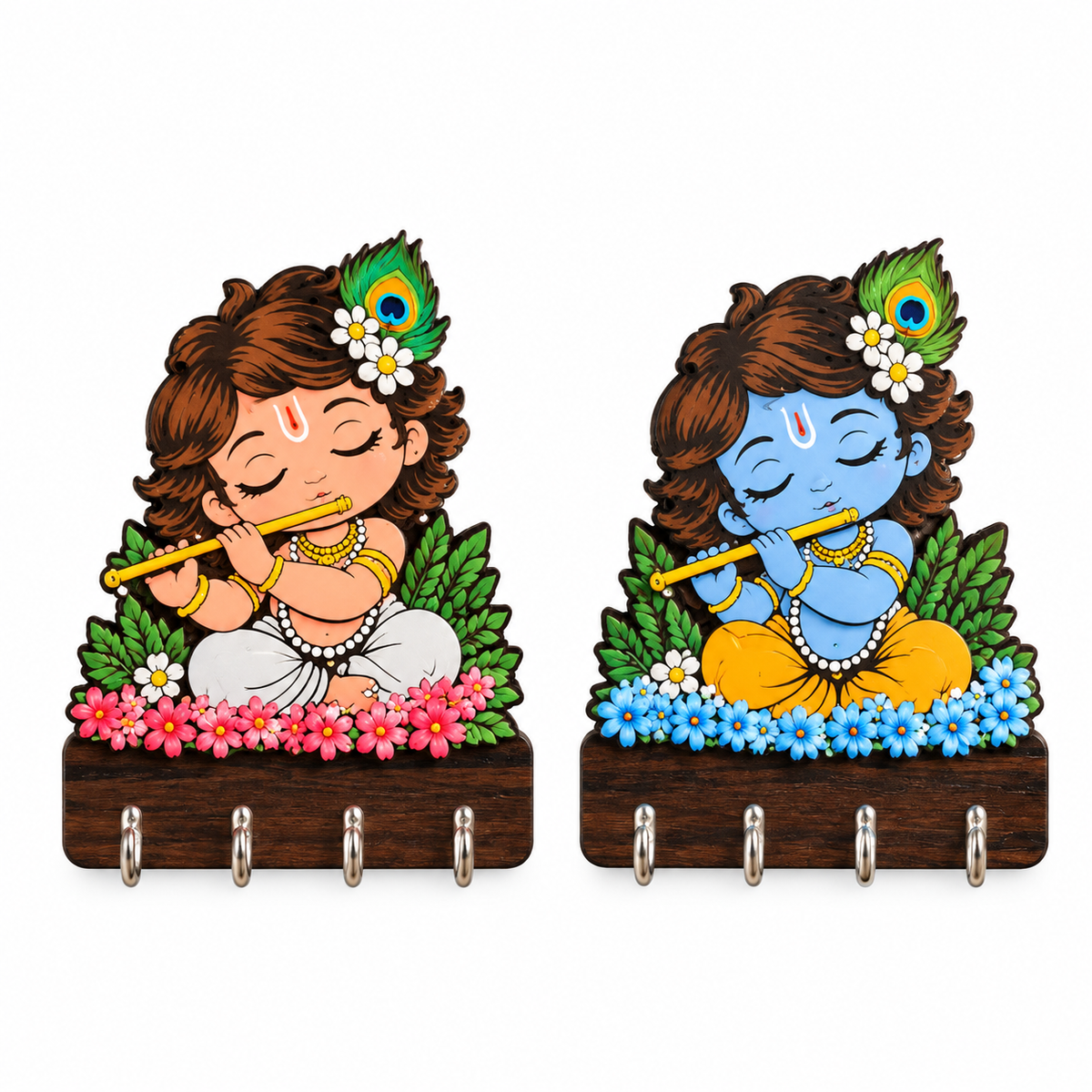 Premium Krishna Radha Wooden Key Holder – Set of 2 | 14 Hooks