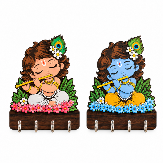 Premium Krishna Radha Wooden Key Holder – Set of 2 | 14 Hooks