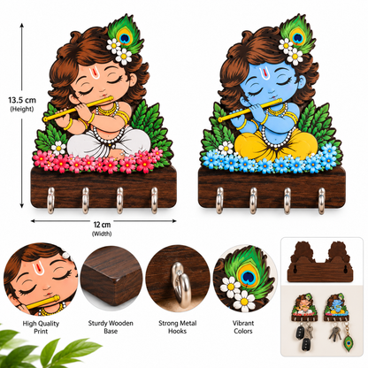 Premium Krishna Radha Wooden Key Holder – Set of 2 | 14 Hooks