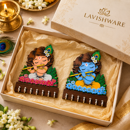 Premium Krishna Radha Wooden Key Holder – Set of 2 | 14 Hooks