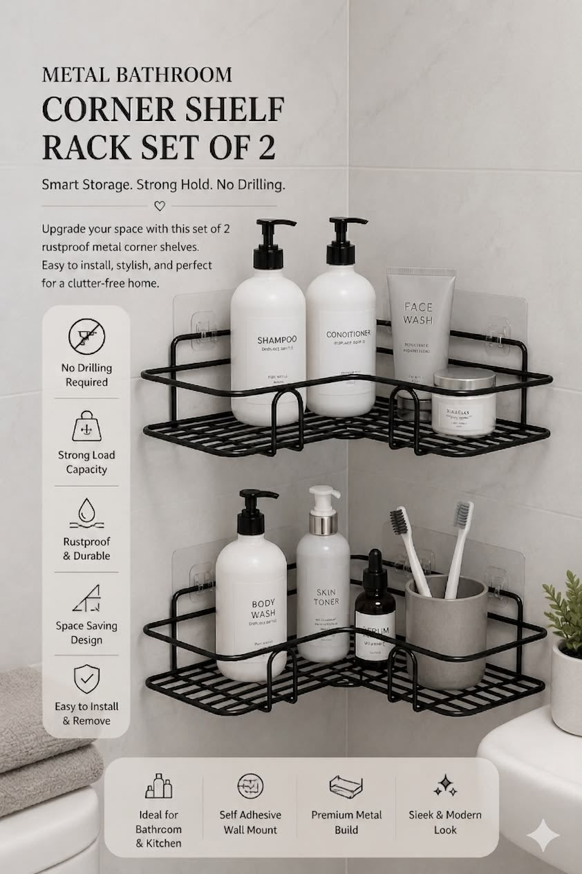 Metal Bathroom & Kitchen Corner Shelf Rack – Set of 2 | No Drilling Required