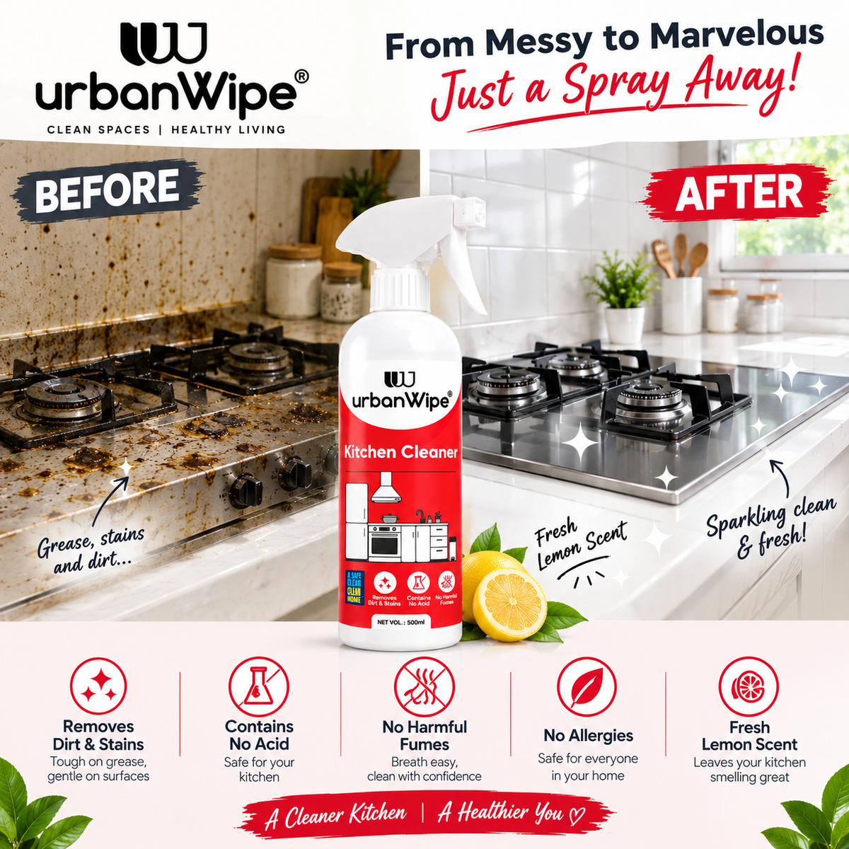 UrbanWipe® Kitchen Cleaner – Powerful Grease & Stain Remover | 500ml 🧼 Buy 2 Kitchen Cleaners – Only ₹399