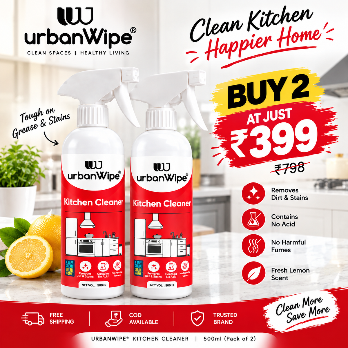 UrbanWipe® Kitchen Cleaner – Powerful Grease & Stain Remover | 500ml 🧼 Buy 2 Kitchen Cleaners – Only ₹399