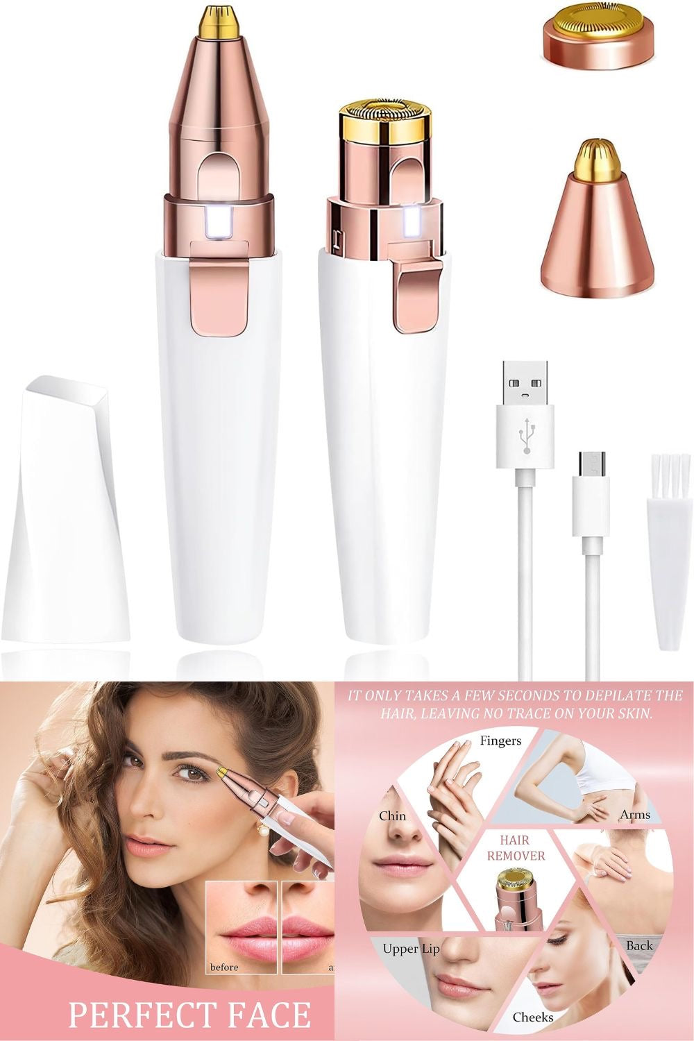 Eyebrow Trimmer for Women, 2 in 1 Rechargeable Facial Hair Remover with Replaceable Heads, Professional Painless Personal Hair Removal Eyebrow Razor with Indicator Light (white)colour